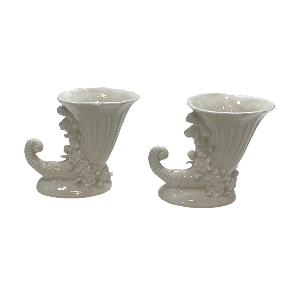 VINTAGE White Floral Mini Horn of Plenty Vase Set With Made in Germany Marking